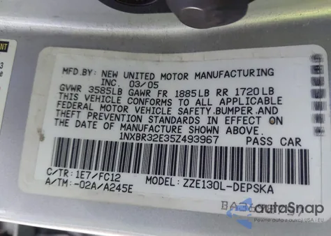 2005 Toyota Corolla S z USA, uszkodzony, nr VIN 1NXBR32E35Z493967